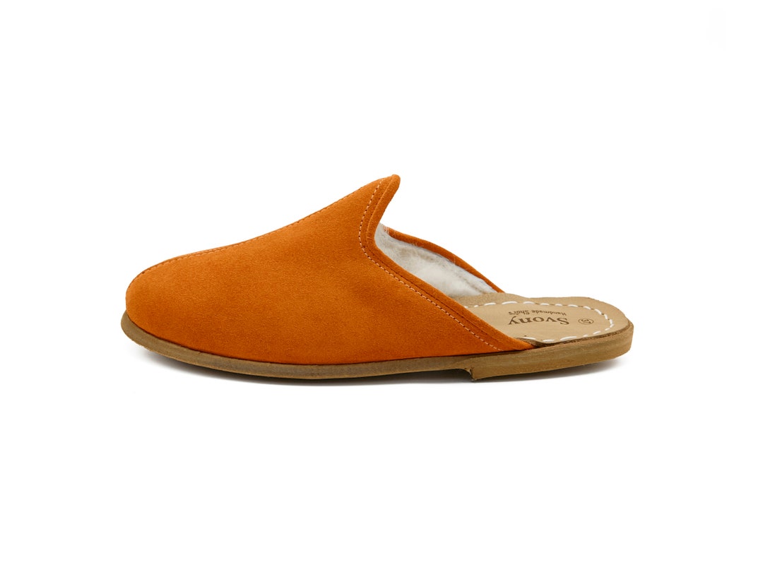 Orange Color Leather Men Slipper - Sheepskin Shearling Slipper ...