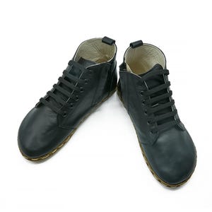 Women&#39;s Handmade Barefoot Black Short Boots - Organic Zero Drop Booties with Zipper - Wide Toe Box Grounding Shoes