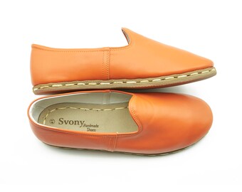 Men's Handmade Orange Leather Yemeni Shoes: Turkish Style