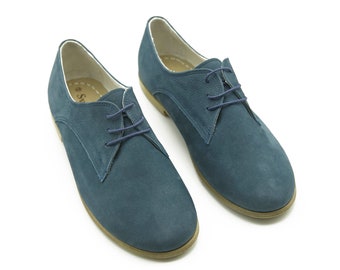 Handmade Blue Leather Oxford Shoes - Women's Lace-Up Shoes
