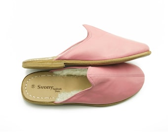 Women's Pink Slippers - Leather Shearling Slipper - House Slippers Women - Personalized Slippers - House Slippers - Warm Slippers
