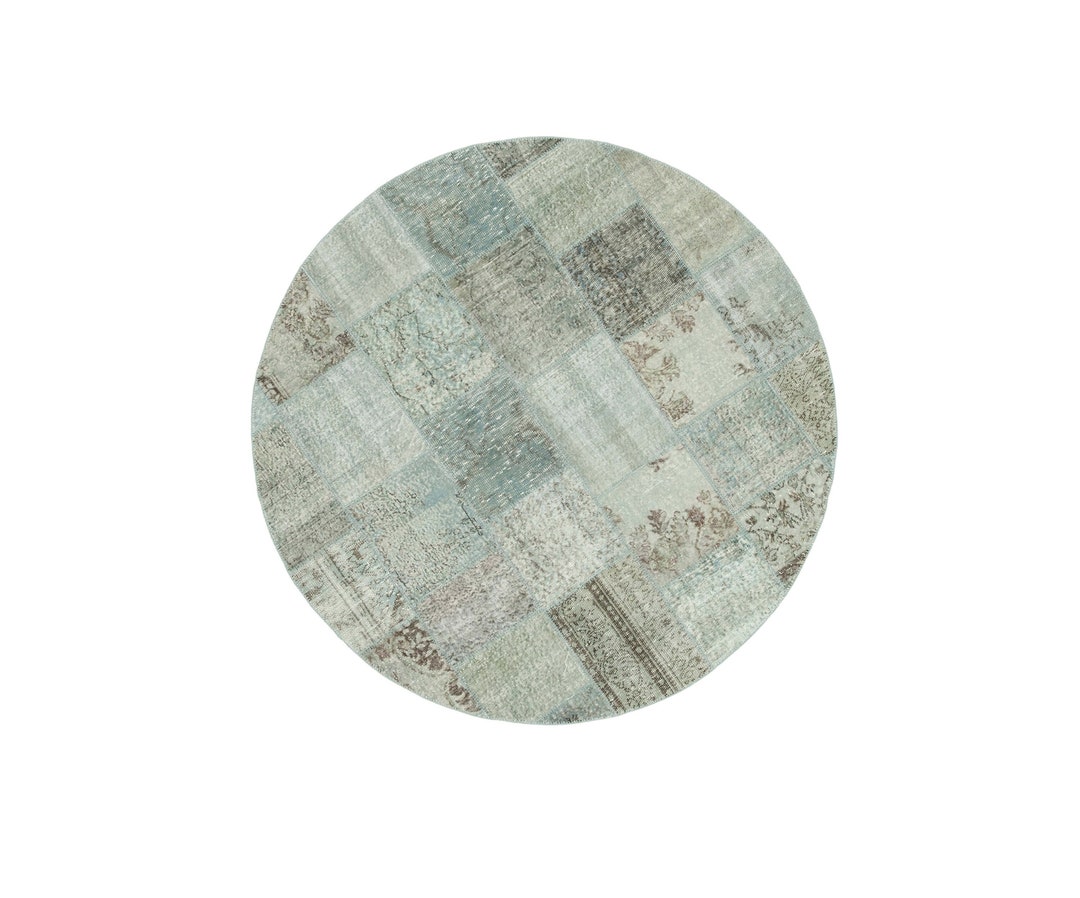 7' Handmade Blue Round Rug, Wool Round Area Rug, Turkish Anatolian