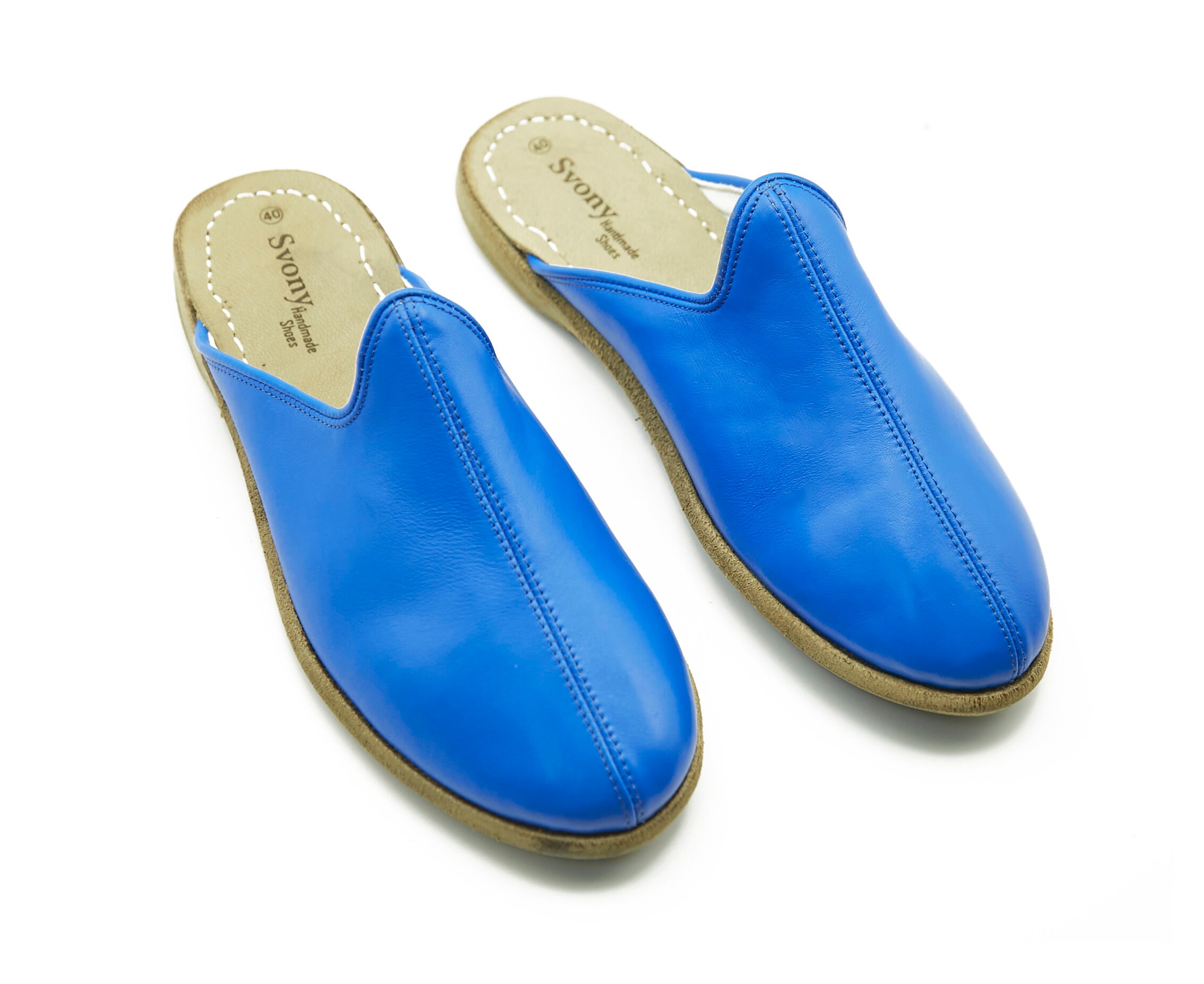 Ladies soft blue leather slippers*EU HAND MADE PRODUCT*size 4,5,6,7,8 