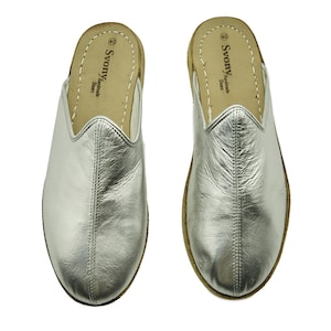 Women&#39;s Silver Color Leather Shoes, Turkish Handmade Yemeni Shoes, Natural Shoes, Turkish Shoes, Bridesmaid Slippers