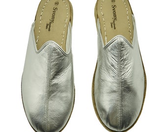 Women's Silver Color Leather Shoes, Turkish Handmade Yemeni Shoes, Natural Shoes, Turkish Shoes, Bridesmaid Slippers