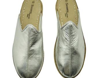 Silver Leather Yemeni Shoes: Handmade Turkish Slippers