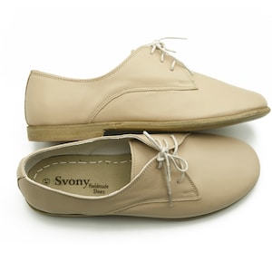 Handmade Beige Leather Women&#39;s Shoes, Lace Up Shoes, Oxford Natural Shoes, Yemeni Shoes, Turkish Shoes, Gift For Her