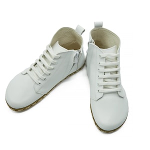 Women&#39;s Handmade Barefoot White Short Boots - Organic Zero Drop Booties with Zipper - Wide Toe Box Grounding Shoes