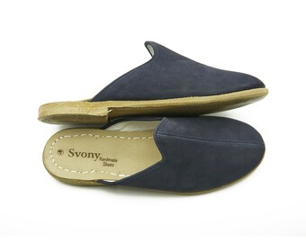 Zapatillas de cuero hechas a mano: zapatos turcos de hombre azul oscuro