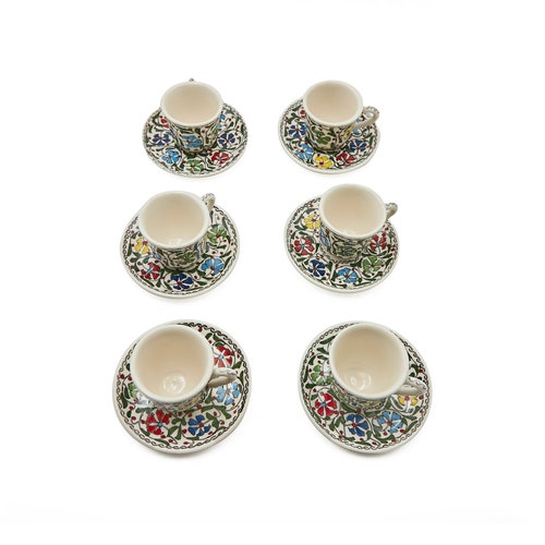 6 Sets of Vintage Turkish Coffee Set With Plate , Serving Coffee Cup Set , Guest Coffee Set , Turkish Ceramic Coffee shops Set