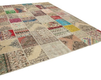 10x13 Vintage Türkischer Patchwork Teppich: Großer Anatolischer Dekorativer Teppich