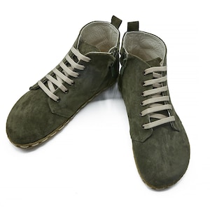 Women&#39;s Handmade Barefoot Suede Green Short Boots - Organic Zero Drop Booties with Zipper - Wide Toe Box Grounding Shoes