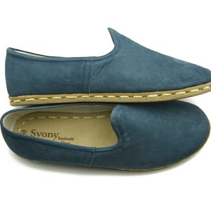 Men&#39;s Jean Blue Comfort House Shoes - Handmade Slip Ons - Flat Yemeni Shoes - Leather Loafer