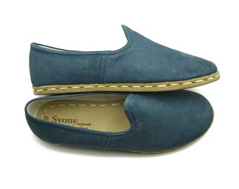 Herren Jean Blaue Komfort Hausschuhe - Handgefertigte Slip Ons - Flache jemenitische Schuhe - Leder Loafer