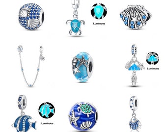 S925 Sterling Silver Pandora Charm Serie Ocean Tartaruga Granchio Sirena Charms Perline Ciondola Perline Fit Pandora Charms a catena di serpente