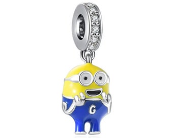 S925 Sterling Silber Minion Serie Cartoon Pandora Charm Anhänger, Herz Birthstone, Fit Pandora Schlangenkette Charm European Bracelet