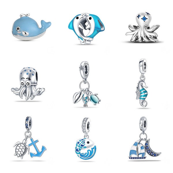 S925 Sterling Silver Pandora Charm Ocean Series Turtle Crab Mermaid Charms Beads Dangle Beads Fit Pandora Snake Chain Charms