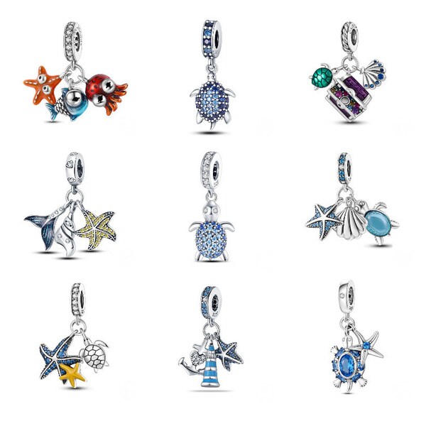 S925 Sterling Silver Pandora Charm Ocean Series Turtle Crab Mermaid Charms Beads Dangle Beads Fit Pandora Snake Chain Charms