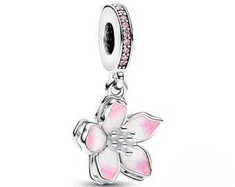 S925 Sterling Silver Pandora Cherry Blossom Dangle Charm Sliver Charms Pendant Heart Birthstone Fit Pandora Snake Chain European Bracelet