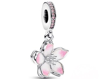 S925 Plata Esterlina Pandora Flor de Cerezo Cuelga Encanto Astilla Encantos Colgante Corazón Piedra de Nacimiento Fit Pandora Cadena de Serpiente Pulsera Europea