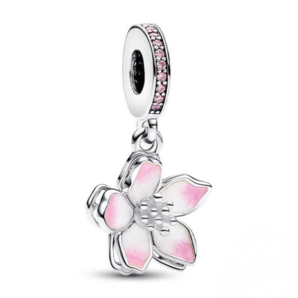 S925 Sterling Silver Pandora Cherry Blossom Dangle Charm Sliver Charms Pendant Heart Birthstone Fit Pandora Snake Chain European Bracelet