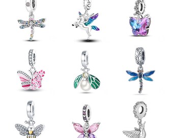 S925 Sterling Silver Pandora Charm Colorful Butterfly Dragonfly Charms Beads Dangle Beads Fit Pandora Snake Chain Charms