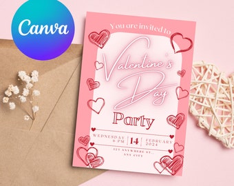 Invito di San Valentino, invito alla festa di San Valentino, floreale dolce amore cuori rosa rossi Download stampabile modificabile digitale