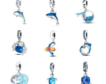 S925 plata esterlina Pandora Charm Ocean Series Turtle Crab Sirena Charms Beads Cuelga Beads Fit Pandora Snake Chain Charms
