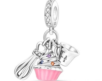 Encanto de Pandora de plata esterlina S925, muffins de cocina coloridos, abalorios de color rosa, cuentas colgantes compatibles con dijes de cadena de serpiente Pandora