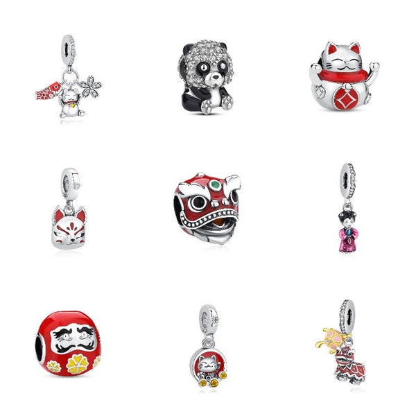 S925 Charme Pandora en argent sterling Dragon chinois Nouvel An Série Rouge KOI Lanterne Charm Fortune Cat Charm Perles Dangle Beads Fit Pandora Sna