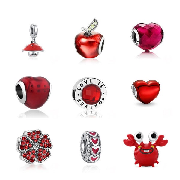 Charm Pandora série rouge en argent sterling S925, pendentif pomme, pierre de naissance coeur, bracelet européen à breloques chaîne serpent Pandora, cadeau