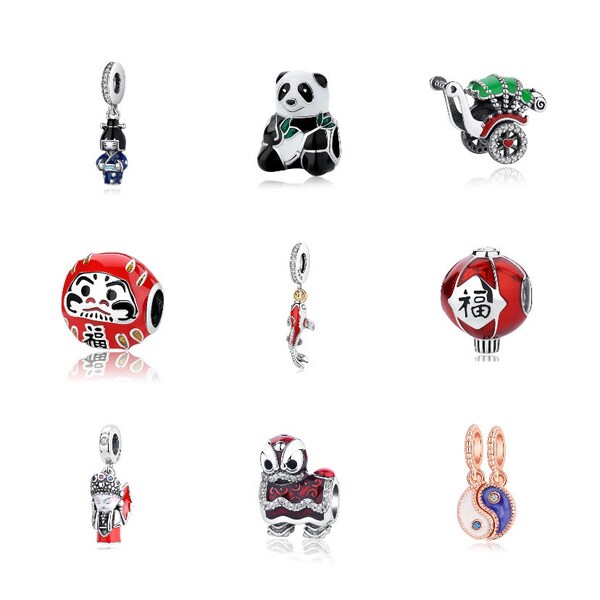 S925 Charme Pandora en argent sterling Dragon chinois Nouvel An Série Rouge KOI Lanterne Charm Fortune Cat Charm Perles Dangle Beads Fit Pandora Sna