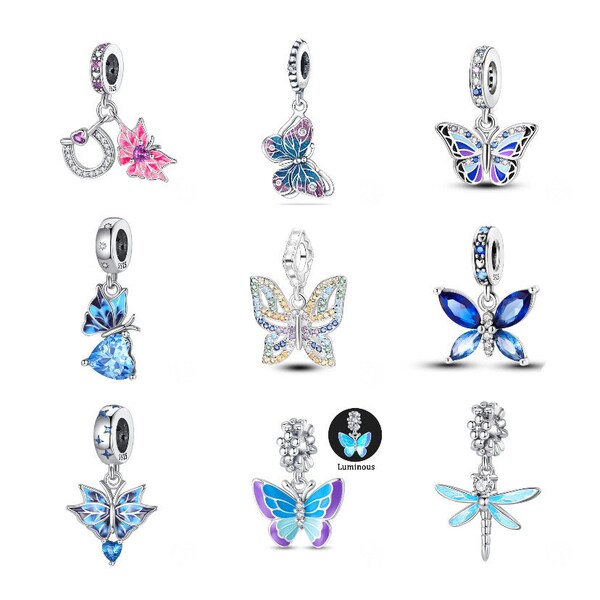 S925 Sterling Silver Pandora Charm Colorful Butterfly Dragonfly Charms Beads Dangle Beads Fit Pandora Snake Chain Charms