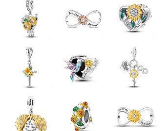 S925 Sterling Silber Pandora Charm Bunte Sonnenblumen Herz Charms Beads baumeln Perlen passen Pandora Schlangenkette Charms