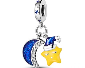 S925 Sterling Silver Pandora Charm Colorful Galaxy Moon Star Charms Beads Cuelga Beads Fit Pandora Snake Chain Charms