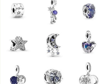 S925 Sterling Silver Galaxy Blue Star Astronauta Luna Ciondolo Pandora con ciondolo a forma di cuore con pietra portafortuna, braccialetto europeo con ciondolo a catena Pandora Snake