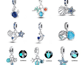 S925 plata esterlina Pandora Charm Ocean Series Turtle Crab Sirena Charms Beads Cuelga Beads Fit Pandora Snake Chain Charms