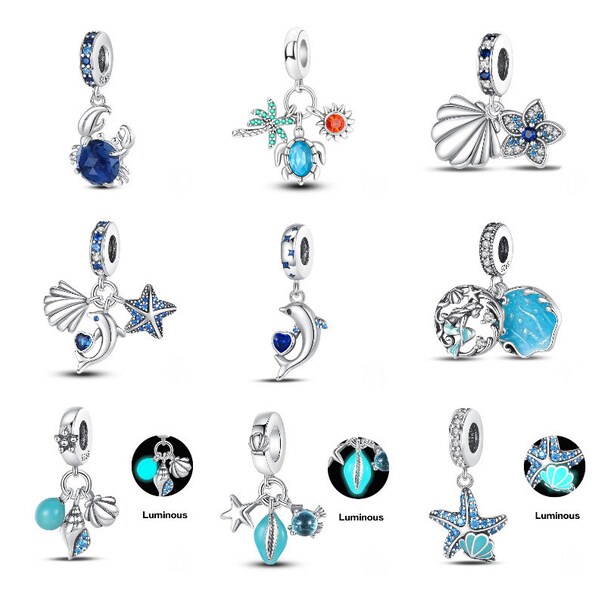 S925 Sterling Silver Pandora Charm Ocean Series Turtle Crab Mermaid Charms Beads Dangle Beads Fit Pandora Snake Chain Charms