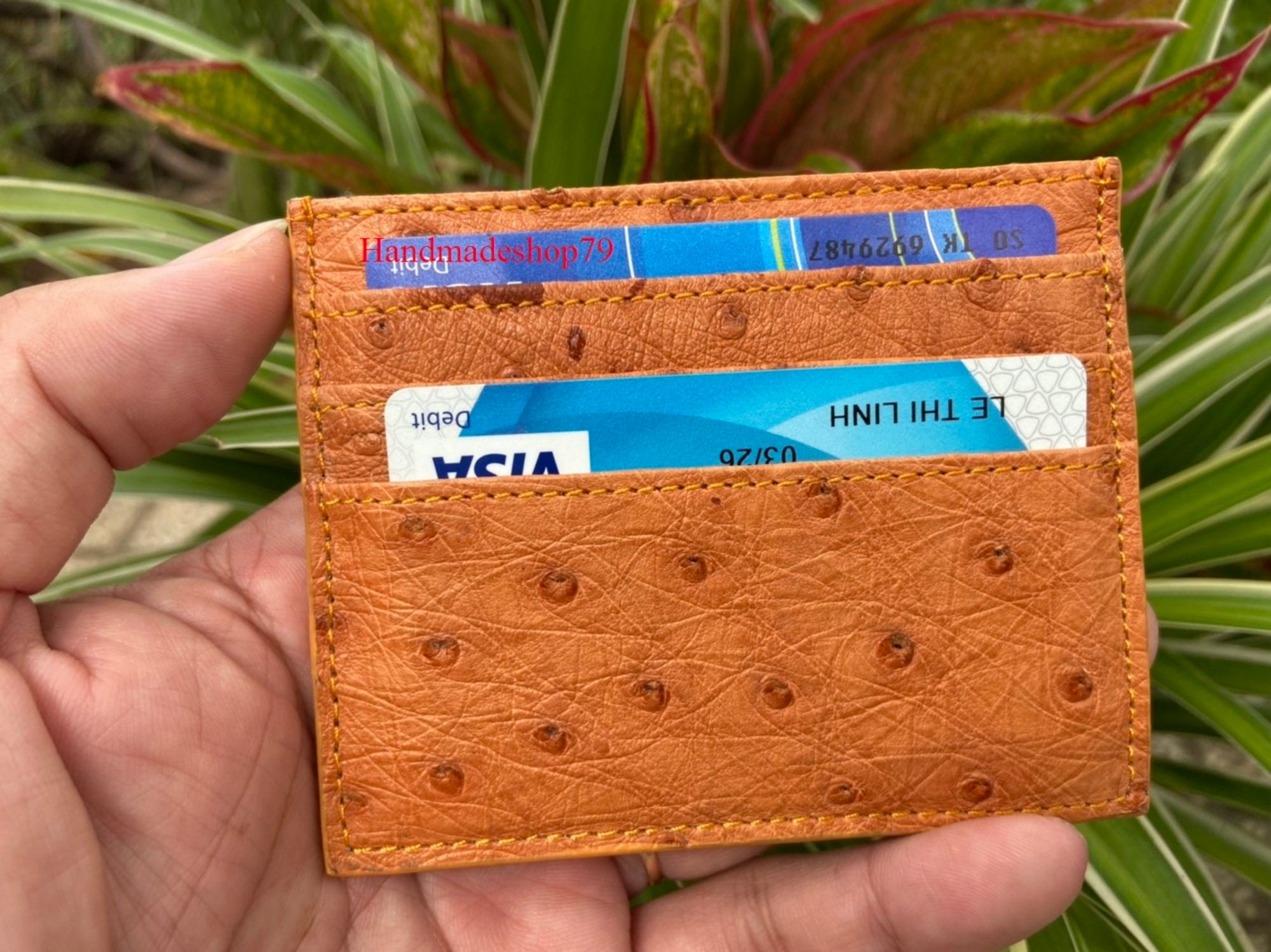 Genuine Ostrich Leather Card Holder ID Documents Ocher Color with 14K Solid  Gold Logo Bloom Jewellery
