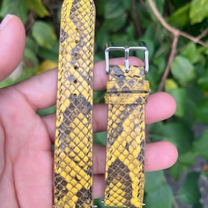 Può includere: Un paio di cinturini per orologi con un motivo a pelle di serpente giallo e marrone. I cinturini hanno una fibbia color argento e sono esposti su uno sfondo di fogliame verde. I cinturini sono realizzati in un materiale strutturato.