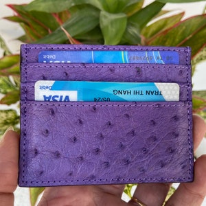 Porta-cartões de pele de couro de avestruz roxo genuíno, estojo de cartão de couro, carteira para homens, carteira de couro artesanal, presente para ele, carteira masculina