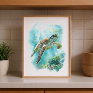Sea Turtle Underwater – Ocean Wildlife Watercolor  Wall Art Print