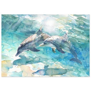 Delfini che giocano nell'oceano: splendida stampa artistica ad acquerello / Giclée