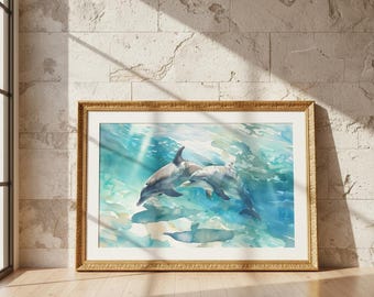 Playful Dolphins Watercolor Print – Serene Ocean Sea Life Wall Art