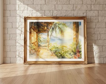 Lámina de acuarela de una casa de playa hawaiana – Arte mural tropical de la hora dorada