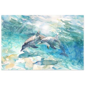 Arte de acuarela de delfines: impresión oceánica, póster de bellas artes, decoración costera vibrante