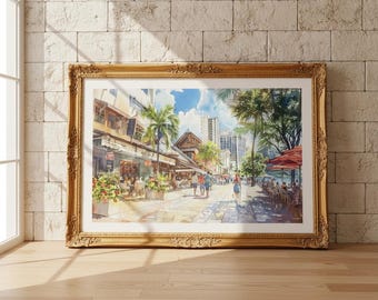 Waikiki Street Honolulu Hawaii  Watercolor  Poster - Vibrant Giclée Fine Art for Home Decor
