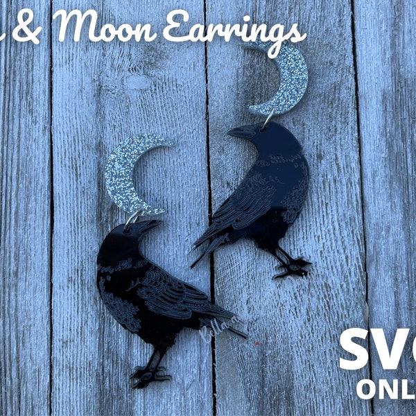 Raven and Moon Earrings - Digital File Only - Spooky Crow Dangle Earrings with Moon Stud