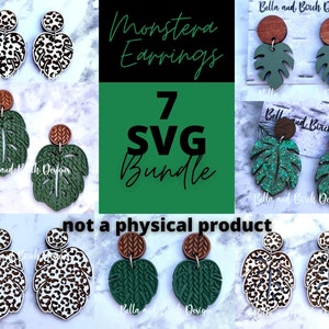Puede incluir: Una descarga digital de 7 archivos SVG para crear pendientes de hoja de monstera. Los diseños incluyen una hoja de monstera verde con una cuenta de madera marrón, una hoja de monstera verde con purpurina y una hoja de monstera de estampado de leopardo blanco y marrón. El texto "Monstera Earrings 7 SVG Bundle not a physical product" se muestra en la imagen.