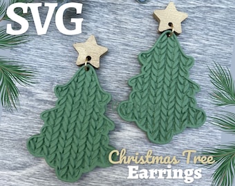 May include: A pair of green Christmas tree earrings with a gold star on top. The earrings are made to look like a knitted Christmas tree.